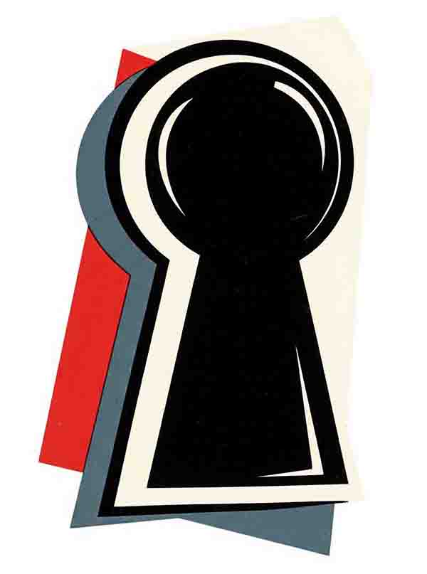 Grafische, stilisierte Darstellung eines großen Schlüssellochs in den Farben Schwarz, Weiß, Rot und Blau/Grau.